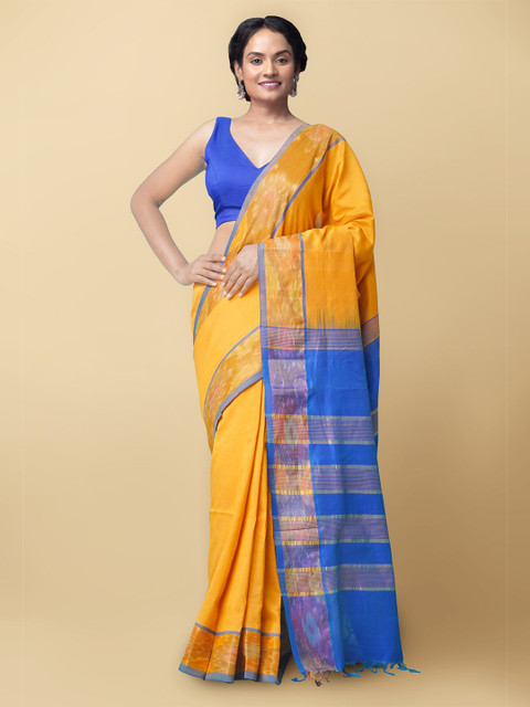 

Unnati Silks Orange & Blue Zari Silk Cotton Uppada Saree