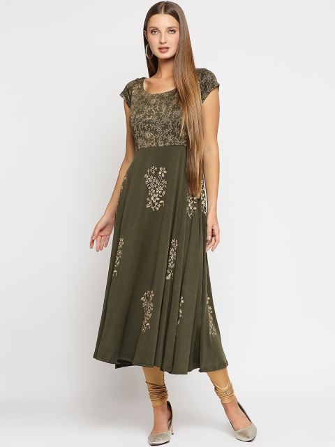 

Ira Soleil Women Green & Gold-Coloured Ethnic Motifs Printed Cap Sleeves Anarkali Kurta