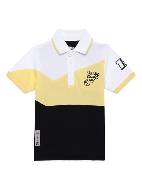 

UNDER FOURTEEN ONLY Boys Black & White Typography Printed Polo Collar T-shirt