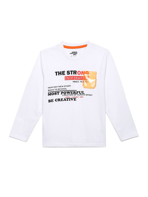 

UNDER FOURTEEN ONLY Boys Off White & Orange Typography Printed Applique T-shirt