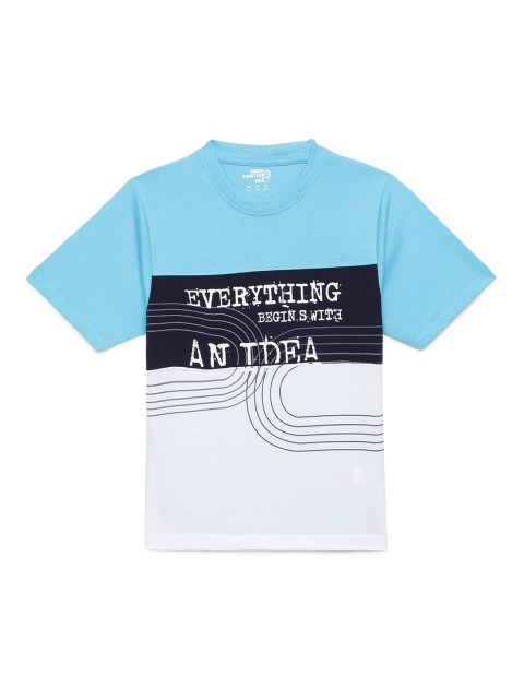 

UNDER FOURTEEN ONLY Boys Blue & White Typography Printed Applique T-shirt