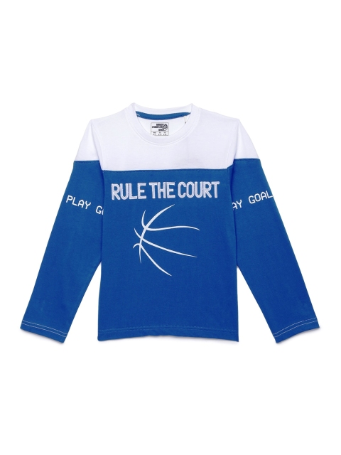 

UNDER FOURTEEN ONLY Boys Blue & White Typography Colourblocked Applique T-shirt