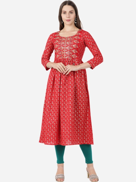 

GOLDSTROMS Women Red & Gold-Toned Ethnic Motifs Printed Anarkali Kurta
