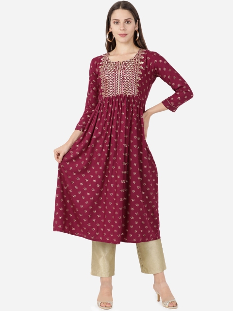 

GOLDSTROMS Women Maroon Ethnic Motifs Embroidered Kurta