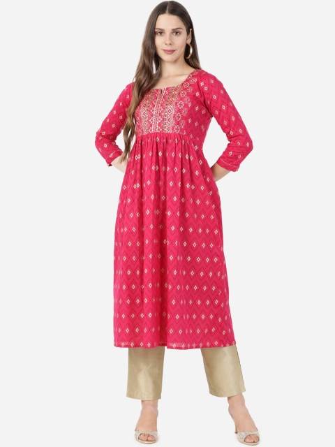 

GOLDSTROMS Women Fuchsia & Gold Ethnic Motifs Printed Anarkali Kurta