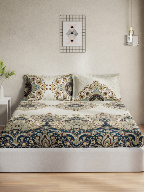 

DDecor Cream-Coloured & Blue Motifs Printed 140 TC Queen Bedsheet with 2 Pillow Covers