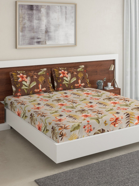 

DDecor Grey & Brown Floral Printed 140 TC King Bedsheet with 2 Pillow Covers