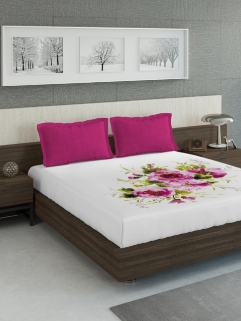 

DDecor White & Pink Floral Printed 210 TC Queen Bedsheet with 2 Pillow Covers