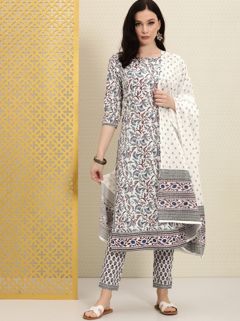 

House of Pataudi Women White & Blue Print Rozana Pure Cotton Kurta with Trousers & Dupatta