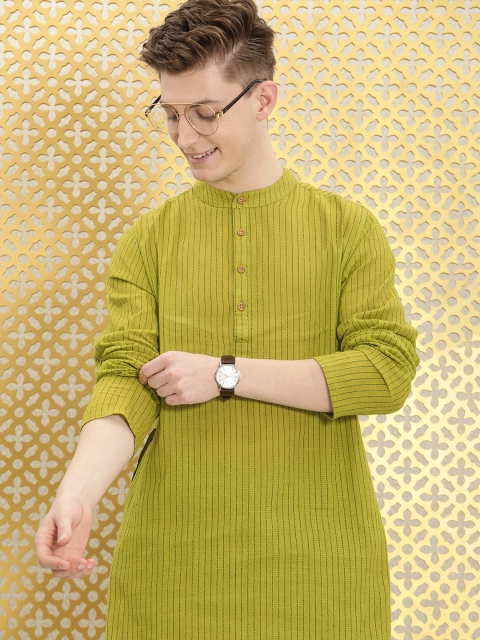 

Ode by House of Pataudi Men Lime Green & Grey Striped Rozana Kurta with Trousers