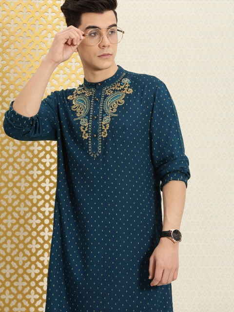 

House of Pataudi Men Teal Blue Ethnic Motifs Yoke Design Thread Work Jashn Kurta