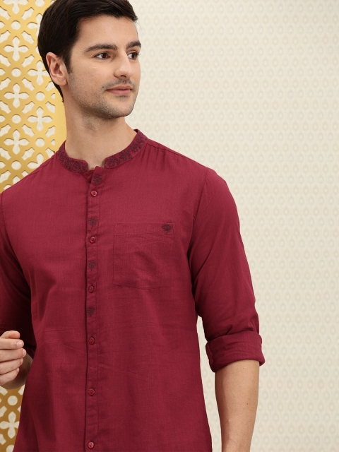 

House of Pataudi Men Maroon Solid Rozana Casual Shirt with Embroidery