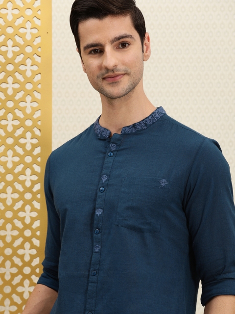 

House of Pataudi Men Navy Blue Solid Rozana Casual Shirt with Embroidery