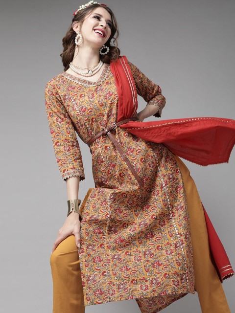 

Indo Era Women Mustard Yellow Printed Pure Cotton Kurta with Trousers & With Dupatta
