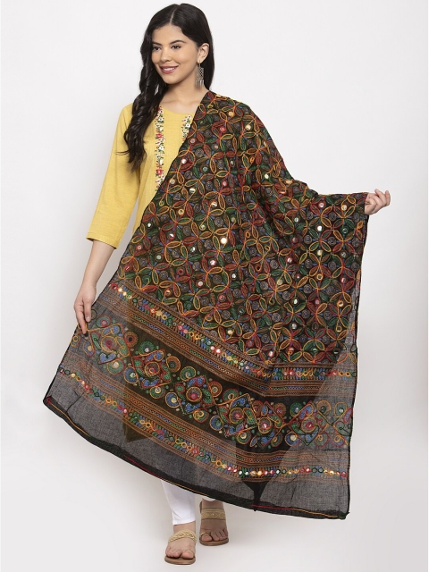 

Clora Creation Black & Green Ethnic Motifs Embroidered Pure Cotton Dupatta with Mirror Work
