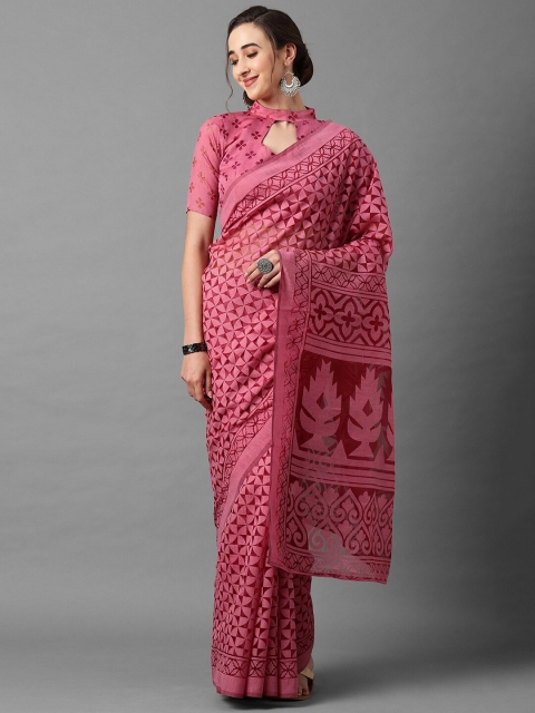 

Mitera Pink & Maroon Ethnic Motifs Brasso Saree