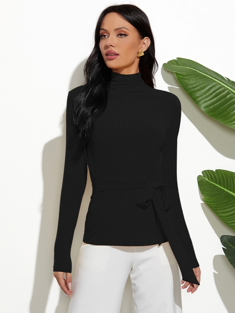 

URBANIC Black Ribbed Fitted Top with Waist Tie-Up Detail
