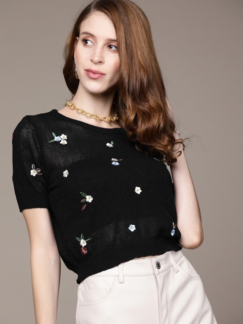 

URBANIC Black Floral Embroidered Semi Sheer Regular Top