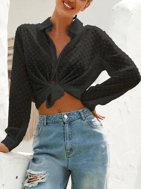 

URBANIC Black Dobby Weaved Semi-Sheer Shirt Style Crop Top