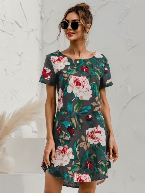 

URBANIC Charcoal Grey & Green Floral Print A-Line Dress