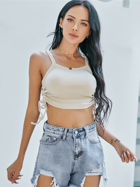 

URBANIC Beige Solid Fitted Crop Top
