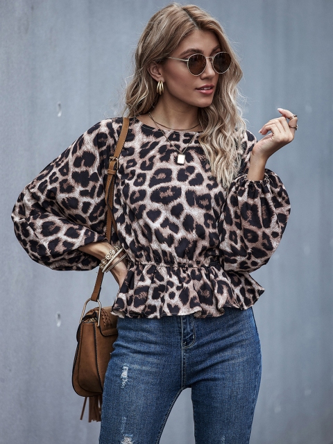 

URBANIC Women Black & Brown Leopard Print Puff Sleeves Cinched Waist Top
