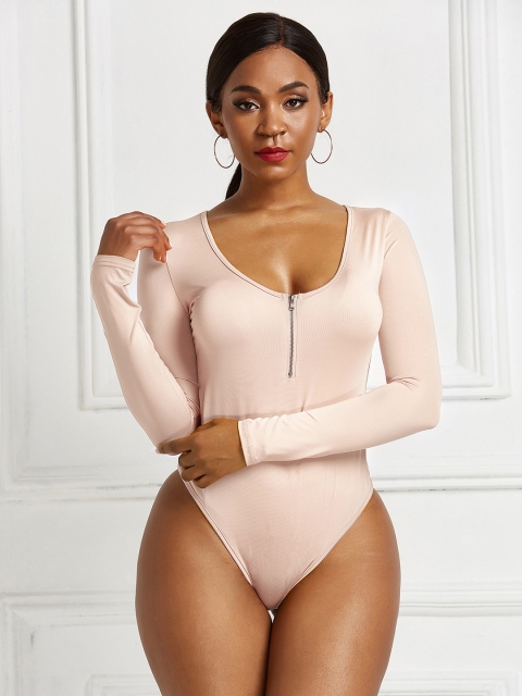 

URBANIC Women Peach-Coloured Solid Zipper Bodysuit