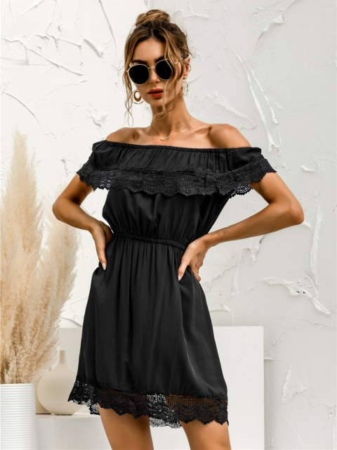 

URBANIC Black Solid Lace Detail Off-Shoulder A-Line Mini Dress
