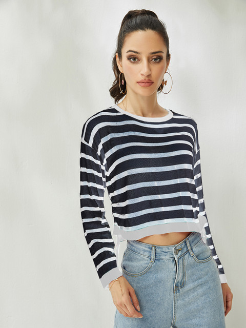 

URBANIC Women Black & White Striped Drop-Shoulder Sleeves Top