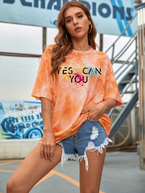 

URBANIC Women Orange Dyed Printed Drop-Shoulder Sleeves T-shirt
