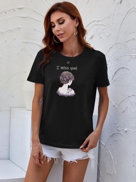 

URBANIC Women Black Cotton Printed T-shirt