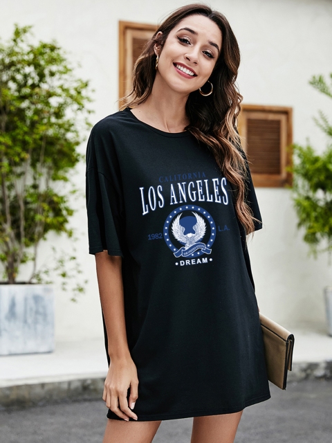 

URBANIC Women Black Printed Drop-Shoulder Sleeves T-shirt