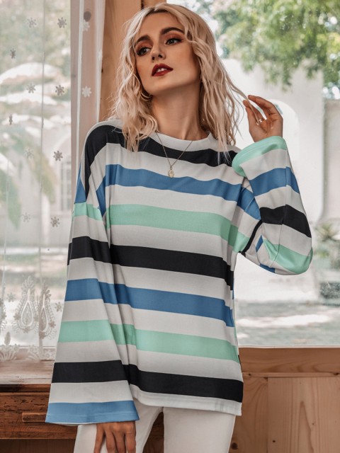 

URBANIC Blue & White Striped Cotton Relaxed A-Line Top