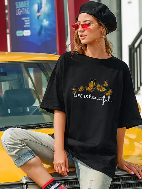 

URBANIC Women Black & Mustard Yellow Relaxed Fit Butterfly Print Cotton T-shirt