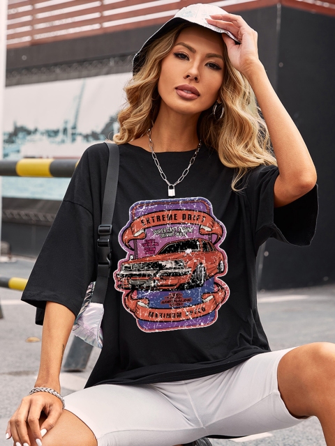 

URBANIC Women Black Typography Print Relaxed Fit Cotton Oversized T-shirt