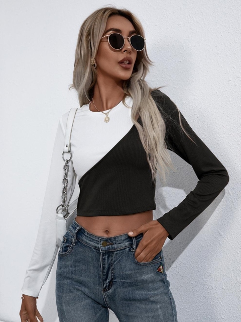 

URBANIC Women Black & White Colourblocked Monochrome Cut-Out Crop Top