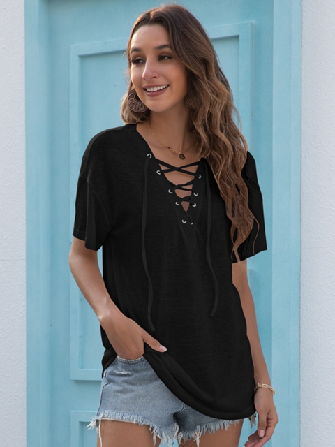 

URBANIC Women Black Solid V-Neck Tie-Up Drop-Shoulder Sleeves Relaxed-Fit T-shirt