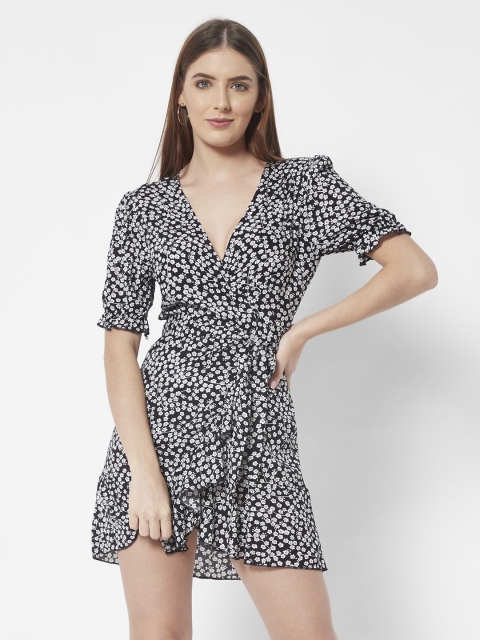 

URBANIC Black & White Floral Wrap Dress
