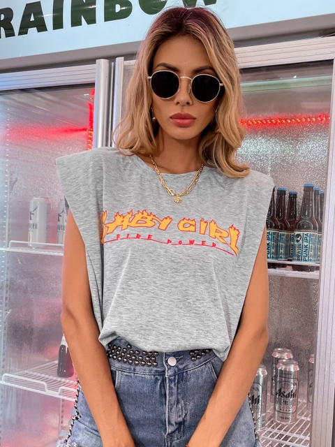 

URBANIC Women Grey Melange & Yellow Typography Print Padded Shoulder T-shirt