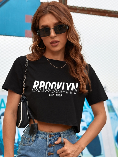

URBANIC Women Black & White Typography Print Cotton Crop T-shirt