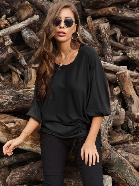 

URBANIC Women Black Solid Relaxed Fit Regular Top with Waist Tie-Ups & Ruched Detail