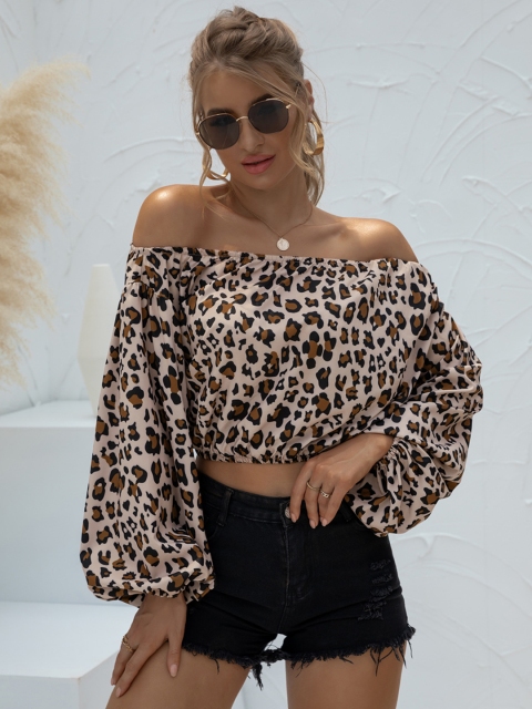 

URBANIC Women Beige & Coffee Brown Animal Print Relaxed Fit Bardot Crop Top