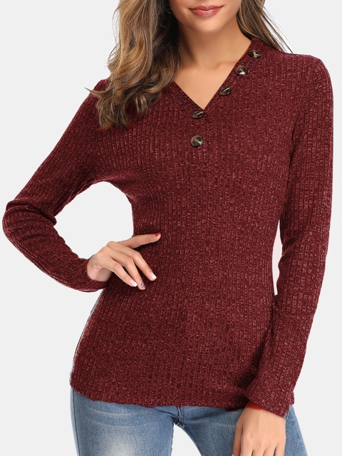 

URBANIC Women Burgundy Ribbed Button Detail Longline Pullover
