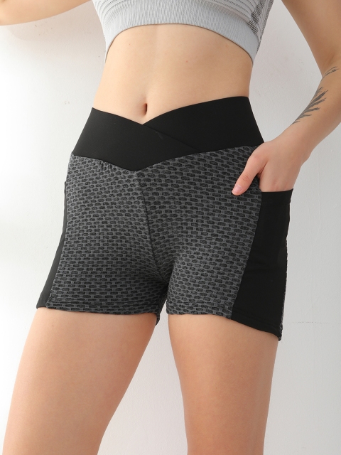 

URBANIC Women Charcoal Grey & Black Self Checked Slim Fit Gym Shorts with Side Taping