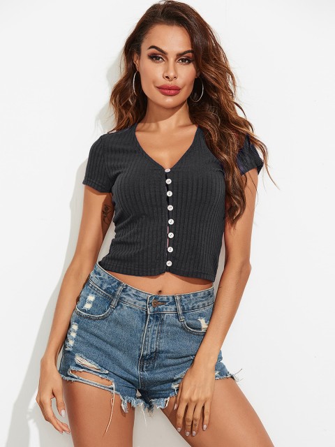 

URBANIC Women Black Ribbed Regular Crop Top