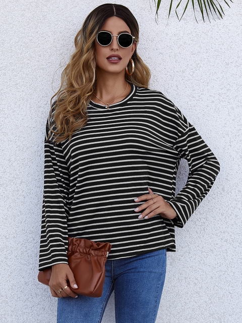 

URBANIC Women Black & White Striped Drop-Shoulder Sleeves T-shirt