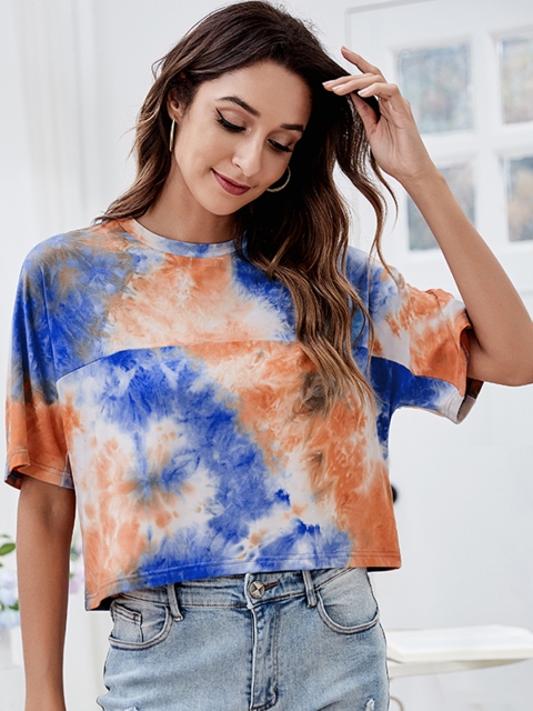 

URBANIC Women Blue & Orange Dyed Extended Sleeves T-shirt