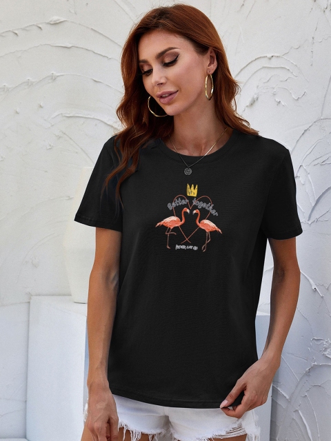 

URBANIC Women Black & Peach-Coloured Flamingo Print Cotton T-shirt