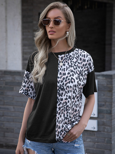 

URBANIC Women Black & White Leopard Print Drop-Shoulder Sleeves T-shirt