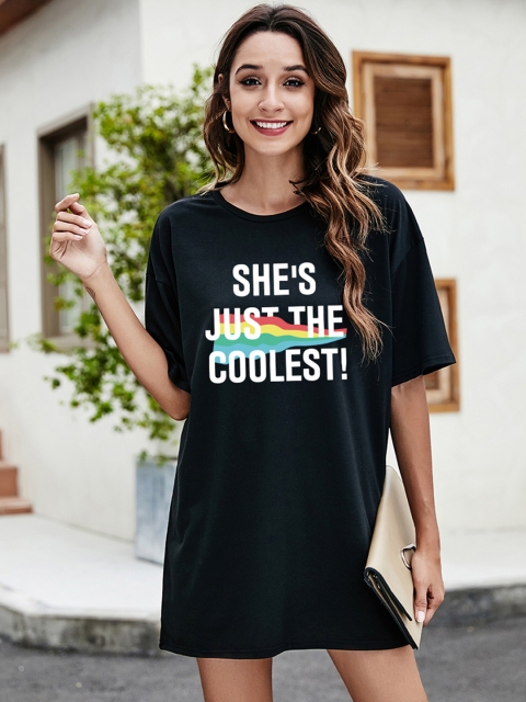 

URBANIC Women Black & White Relaxed Fit Slogan Printed Oversized T-shirt